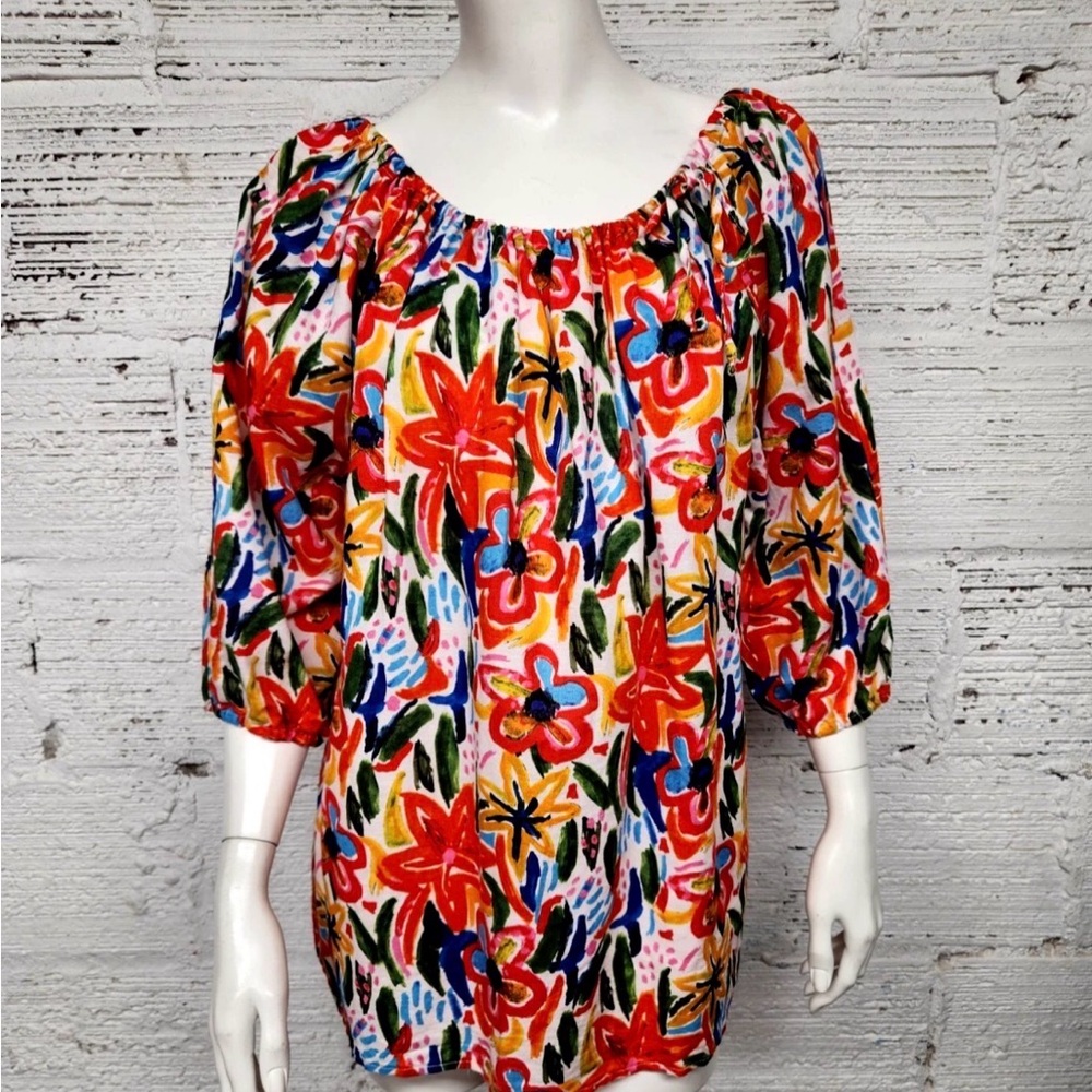 Linen Blend By Hester & Orchard‎ Size L Cotton Linen Colorful Floral Blouse